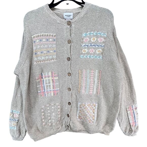 Koret Sweaters - Vintage Koret Cardigan Sweater M Beige Embroidered Grandma Cottage Phoebe Buffay
